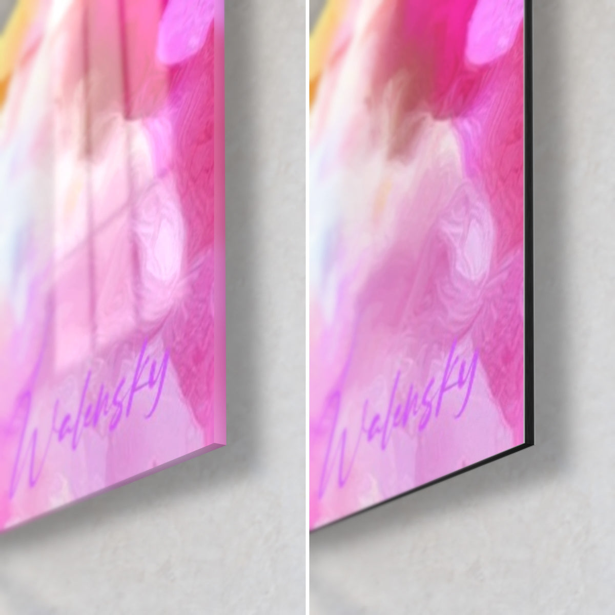 Gemälde Buddha in leuchtender rosa und violetter Lavierung, untere rechte Ecke: glänzendes Acrylglas links, mattes Dibond rechts, 3 mm Kante