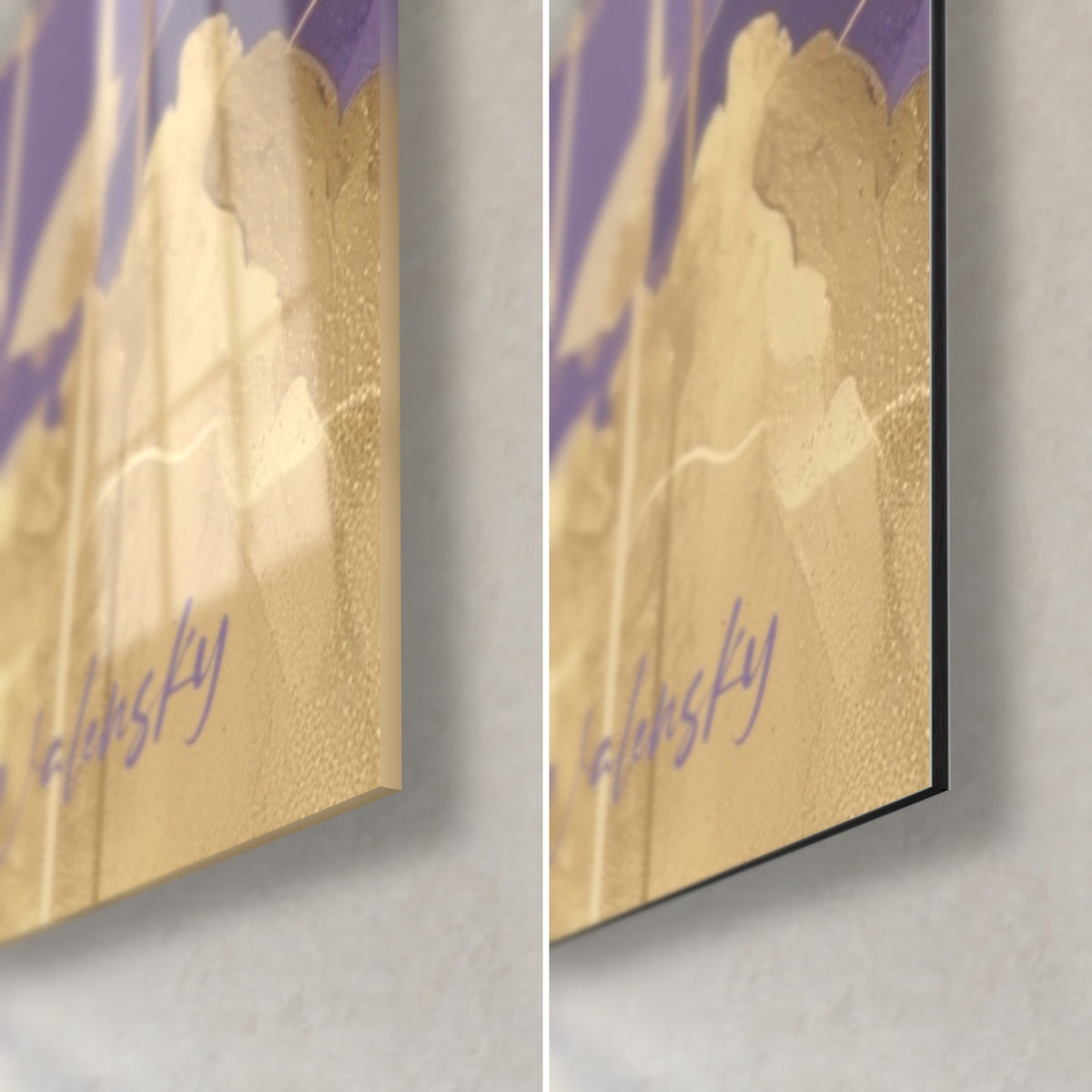 Quadro Buddha viola e oro, angolo in basso a destra: vetro acrilico lucido con riflessi a sinistra, alluminio Dibond nero opaco a destra, spessore 3 mm