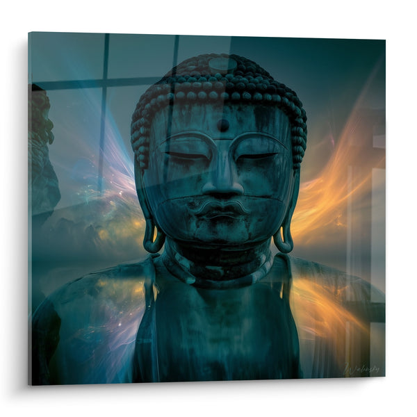Painting Turquoise Statue and Golden Flames - Cosmic Fusion - Buddha Edition