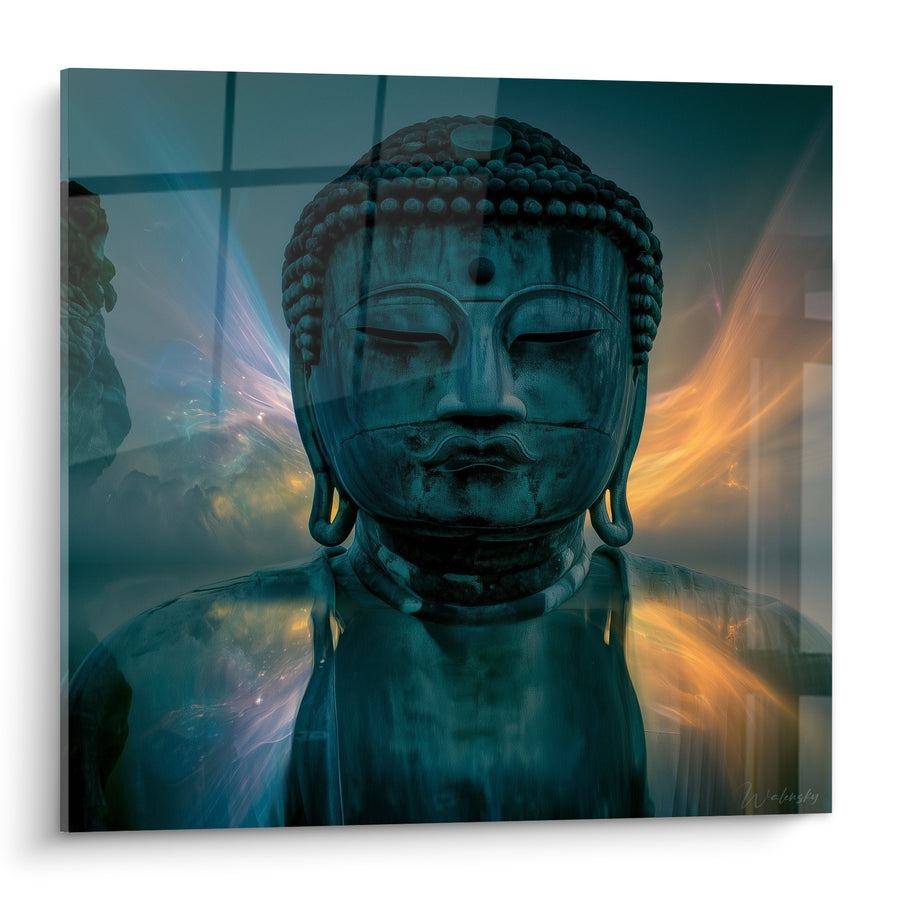 Tableau Statue turquoise et flammes dorées - Fusion cosmique - Edition Bouddha