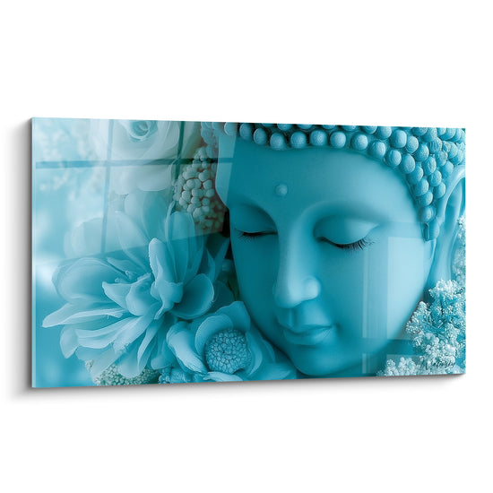Bouddha aux yeux clos en turquoise et blanc, entouré de fleurs délicates et texturées