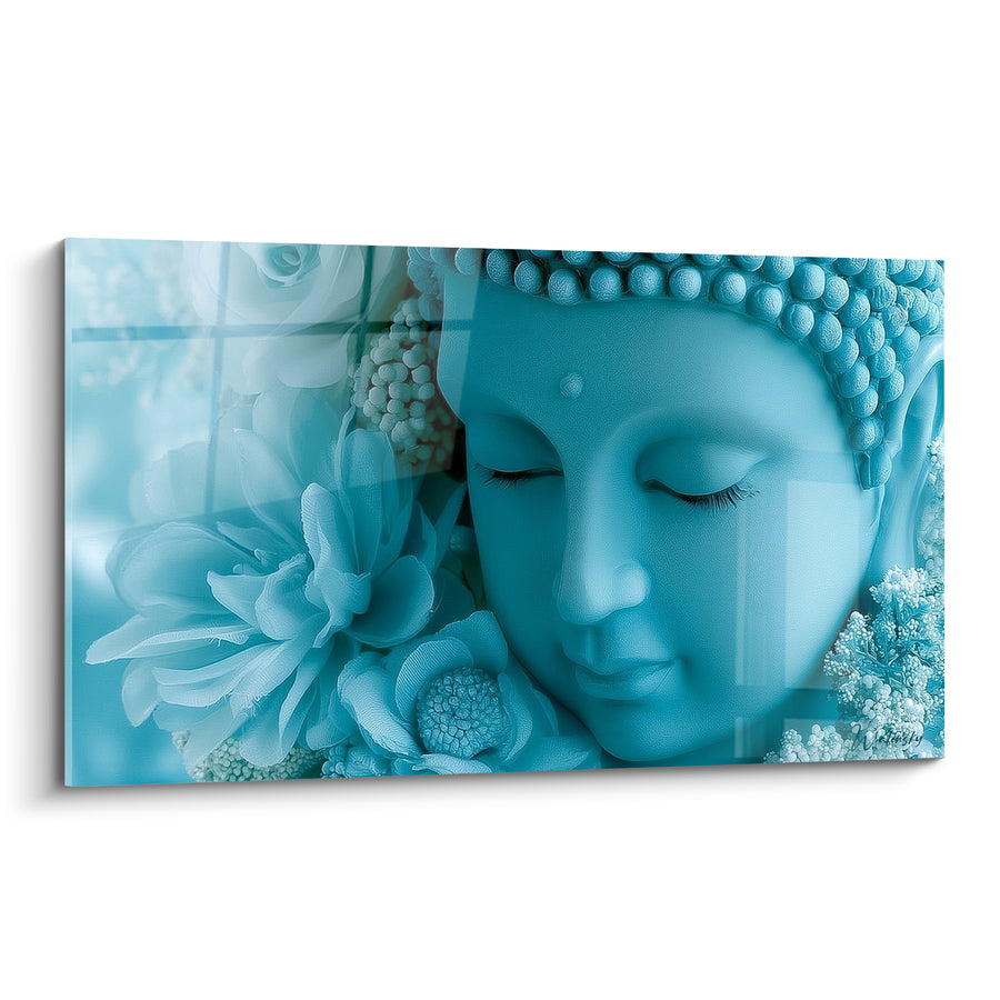Tableau Visage turquoise et blanc aux fleurs délicates - Roses monochromes en fond - Edition Bouddha