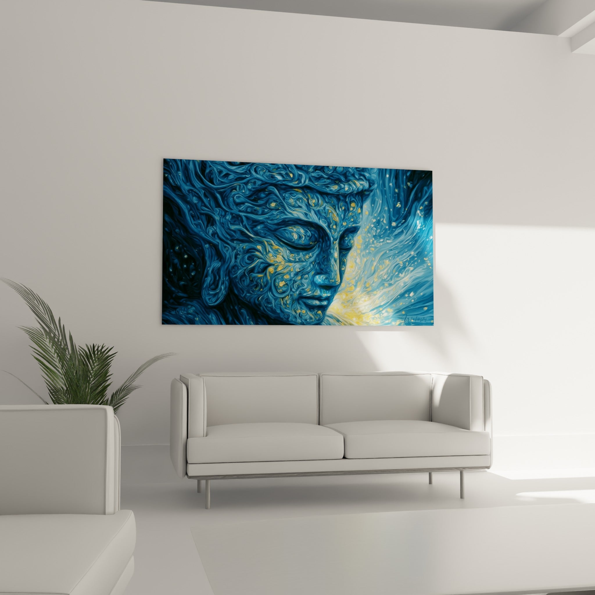 Portrait serein de Bouddha en bleu turquoise et jaune doré au-dessus d'un canapé dans un salon lumineux