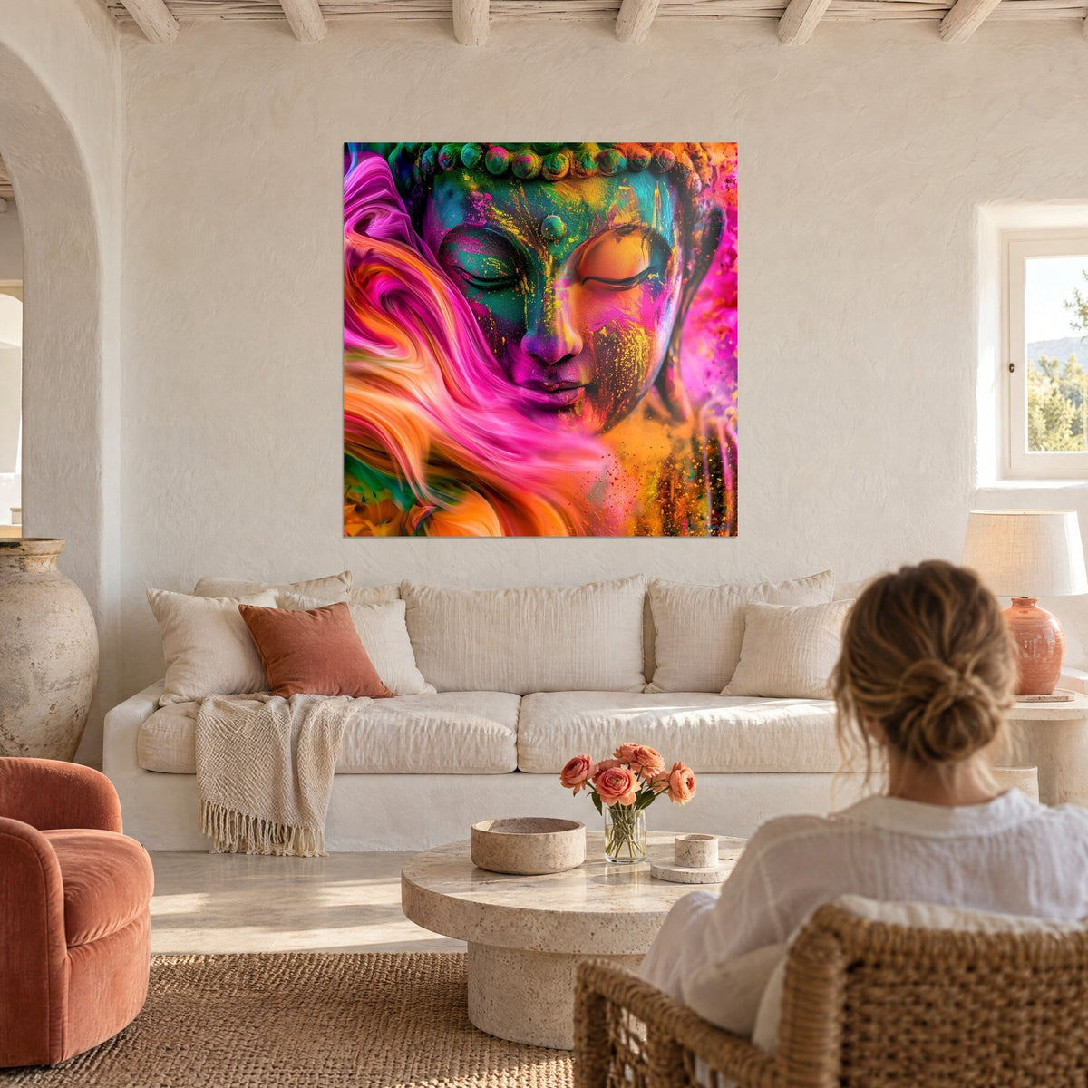 Wall art Buddha with closed eyelids, turquoise and yellow powder, silky fuchsia wave, above a sofa in a bright living room