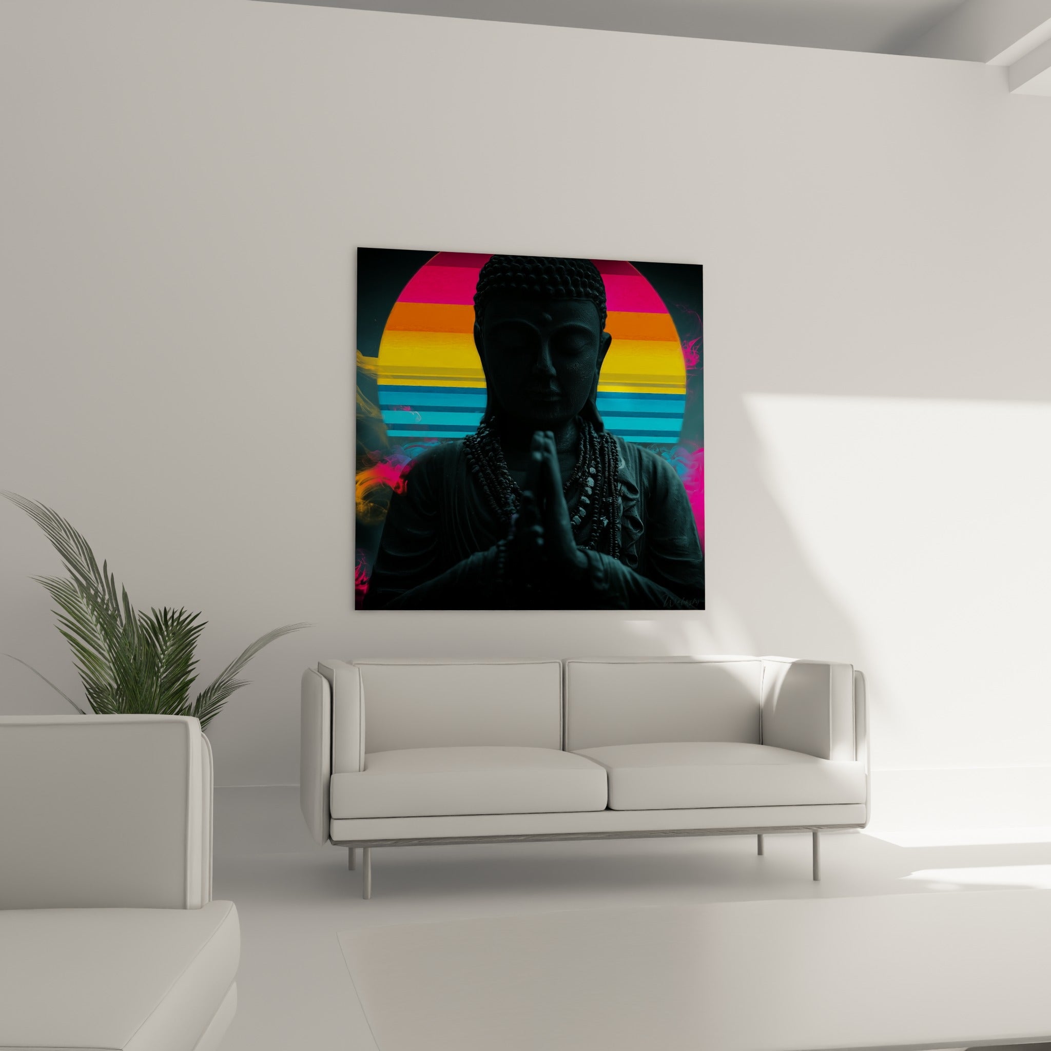 Bouddha en méditation sur fond orange et bleu turquoise, au-dessus d'un canapé dans un salon lumineux