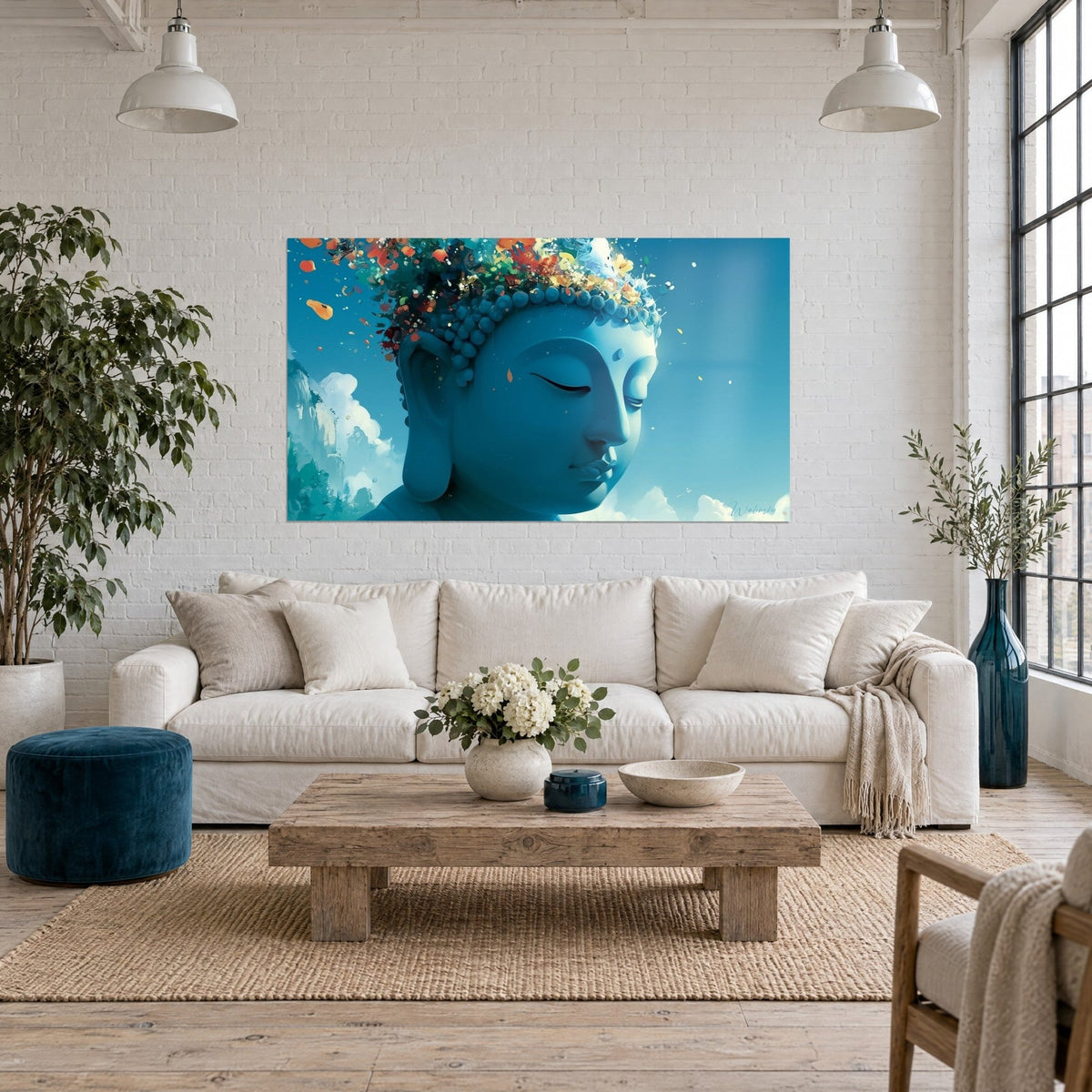 Quadro volto del Buddha blu con fiori esplosi, petali arancioni e gialli su cielo turchese, sopra un divano in un soggiorno luminoso