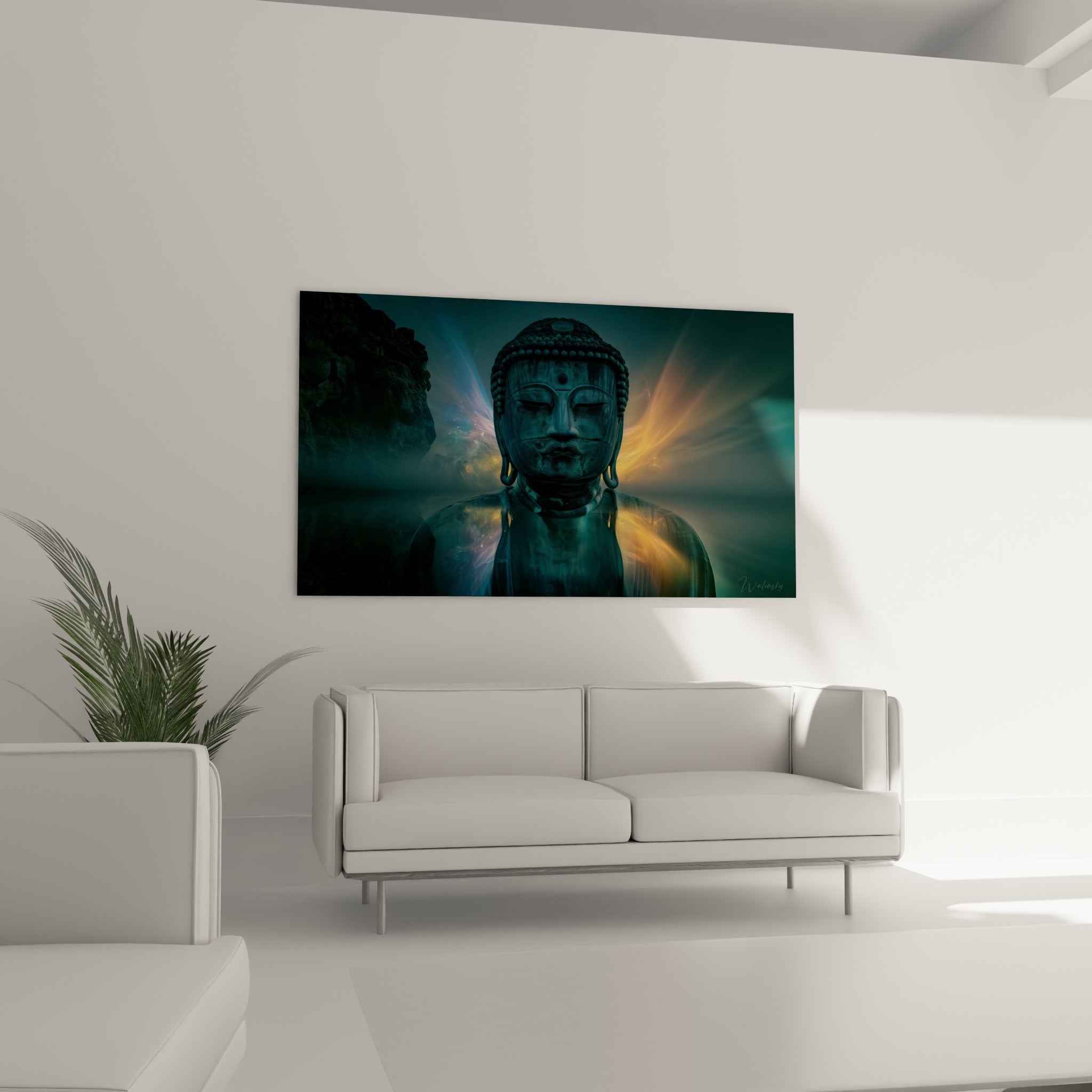 Bouddha serein aux tons turquoise et orangé, au-dessus d'un canapé dans un salon lumineux