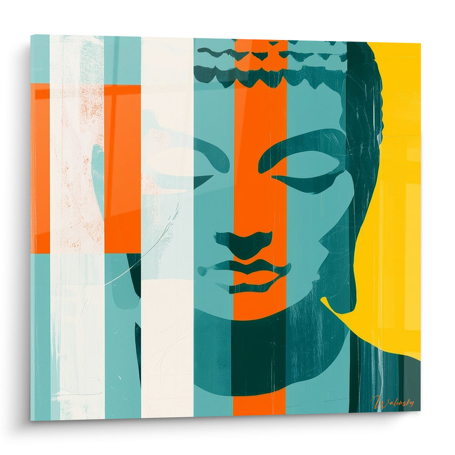 Tableau Visage turquoise et orange aux bandes verticales colorées - Aplat jaune vif - Edition Bouddha