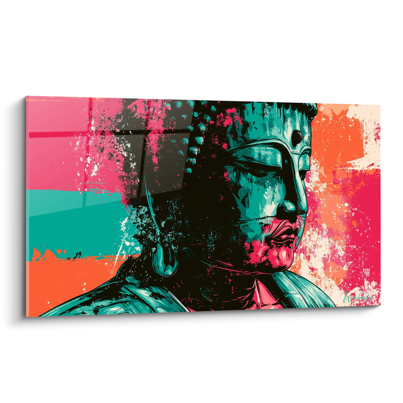 Tableau Visage turquoise et rose aux blocs éclatés - Fond géométrique tranché - Edition Bouddha