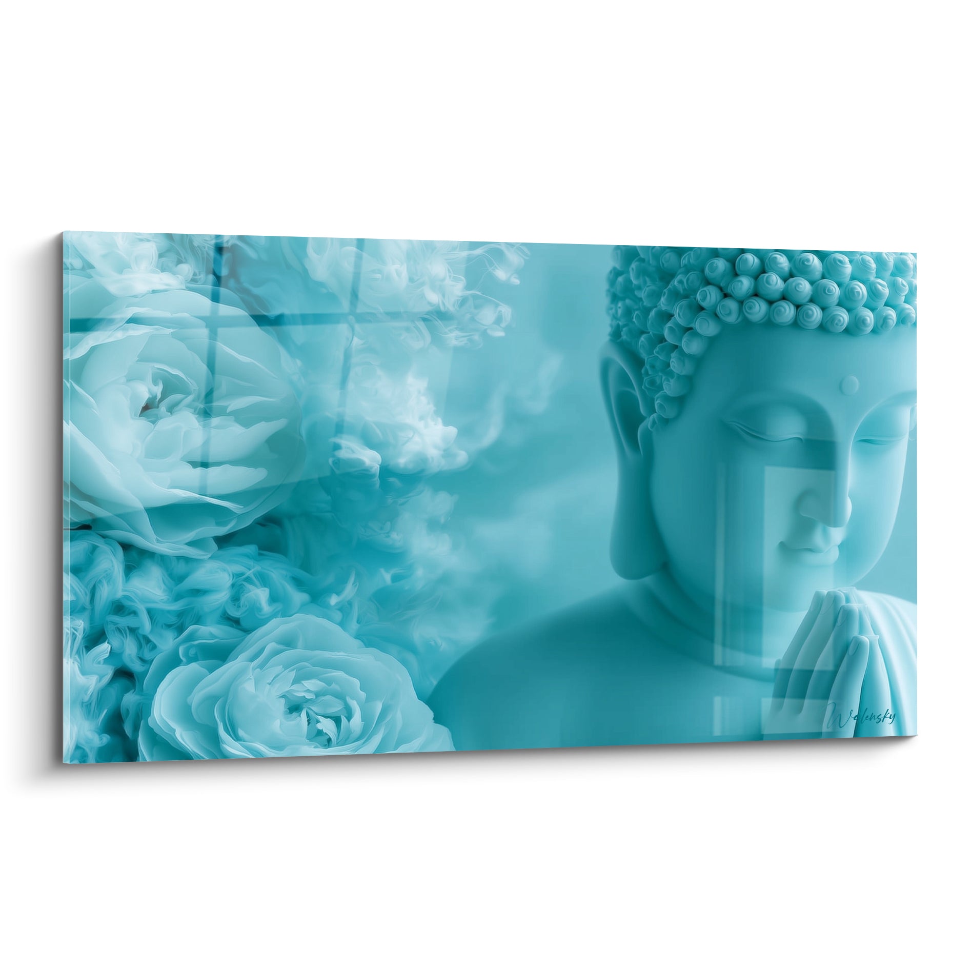 Bouddha turquoise en méditation, roses et fumée blanche dans un camaïeu bleu pastel apaisant