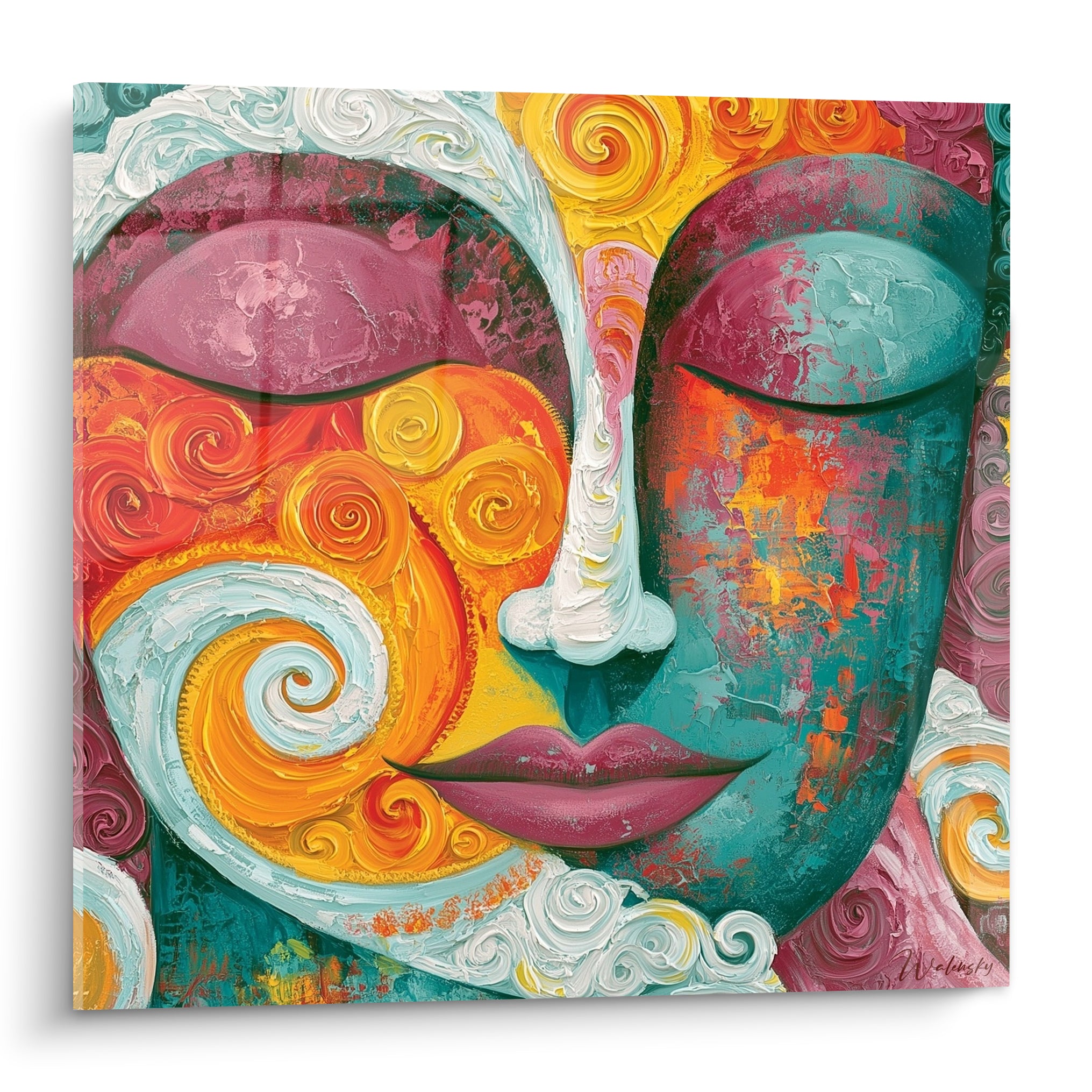 Bouddha turquoise et safran, visage mi-sculpté mi-spiralé, empâtements épais et lèvres bordeaux