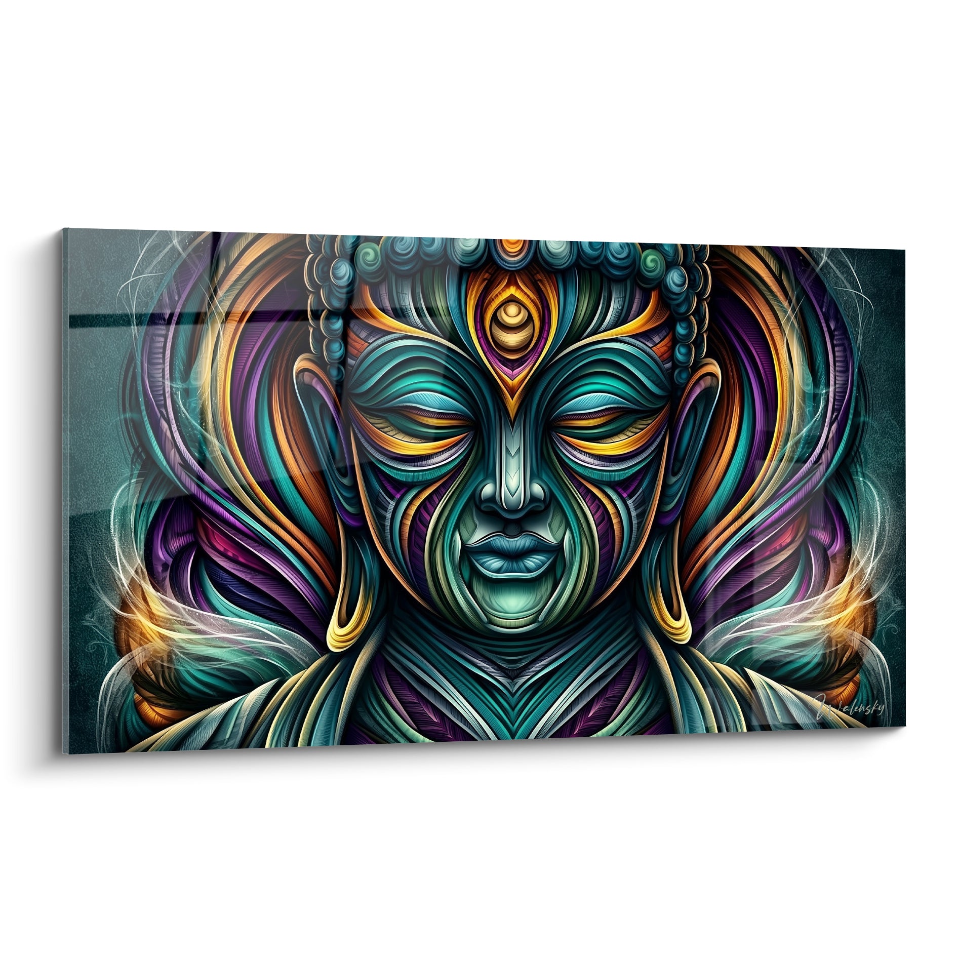 Bouddha au visage turquoise et doré, yeux clos, troisième œil violet et orangé sculpté