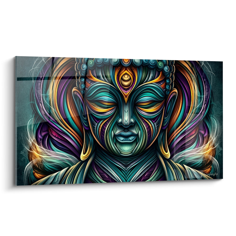 Tableau Visage sculpté turquoise et violet au troisième œil doré - Motifs gravés en éventail - Edition Bouddha