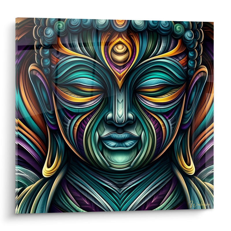 Tableau Visage sculpté aux tons turquoise et violet - Éveil intérieur - Edition Bouddha