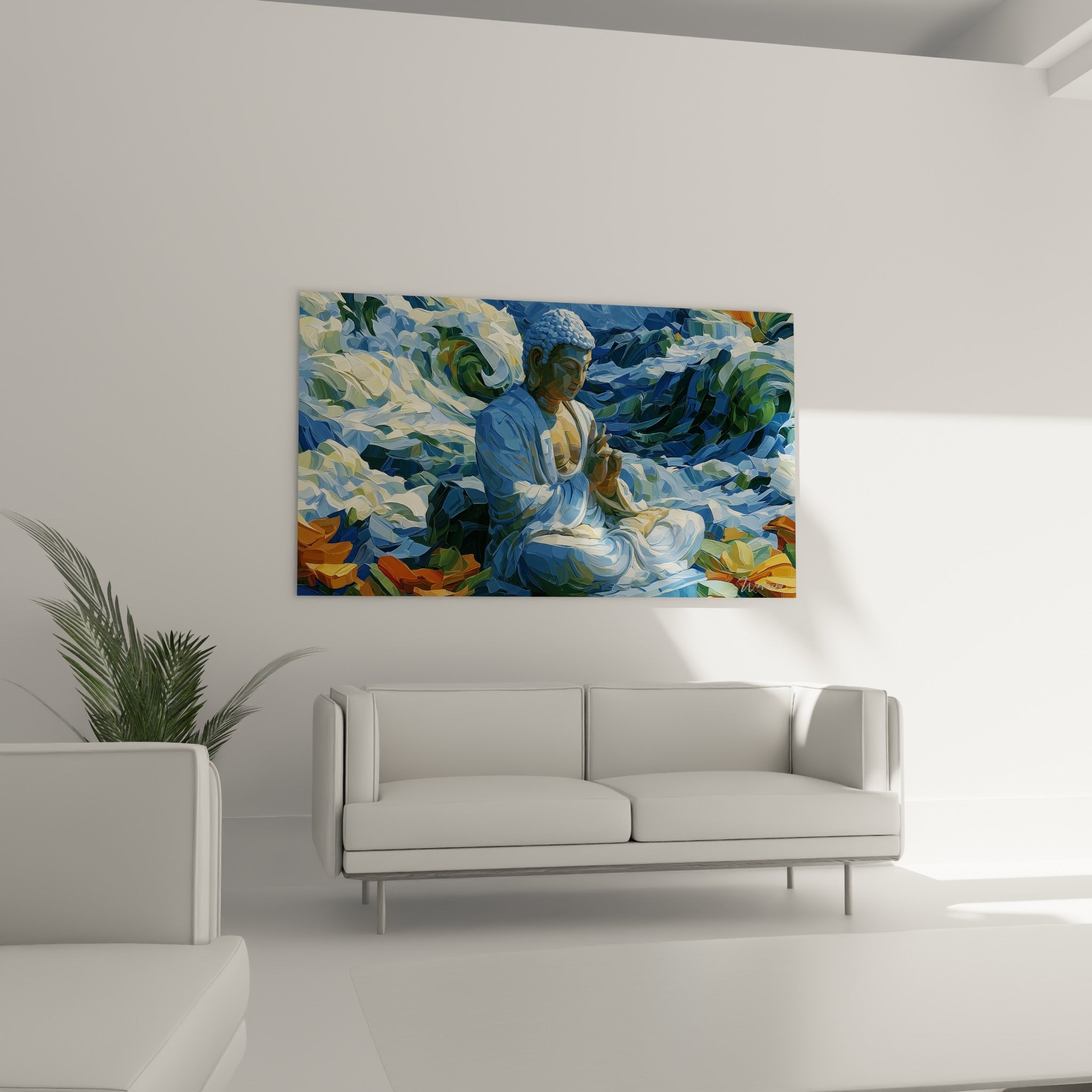 Silhouette bleutée et dorée de Bouddha entourée de fleurs orangées, au-dessus d'un canapé dans un salon lumineux