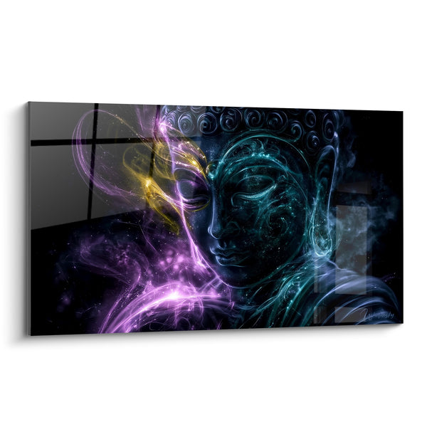 Sculpted Face Artwork with Luminous Turquoise and Violet Tones - Golden Cosmic Sparks - Buddha Edition