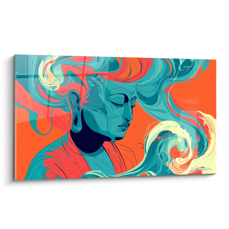 Tableau Visage turquoise et corail aux volutes marbrées - Épaule drapée écarlate - Edition Bouddha