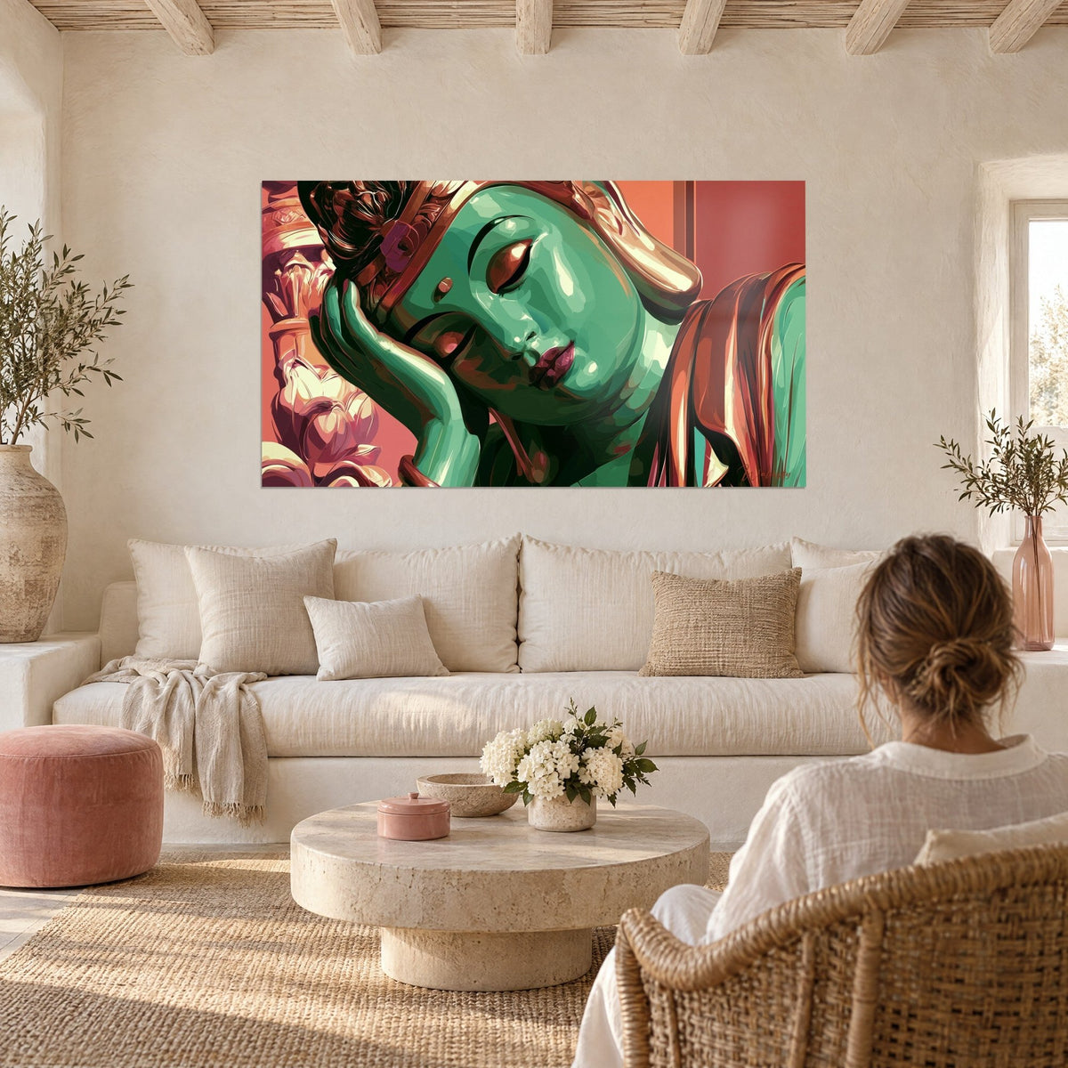 Tableau Bouddha jade aux paupières closes, joue contre la main, fond corail rosé, au-dessus d'un canapé dans un salon lumineux