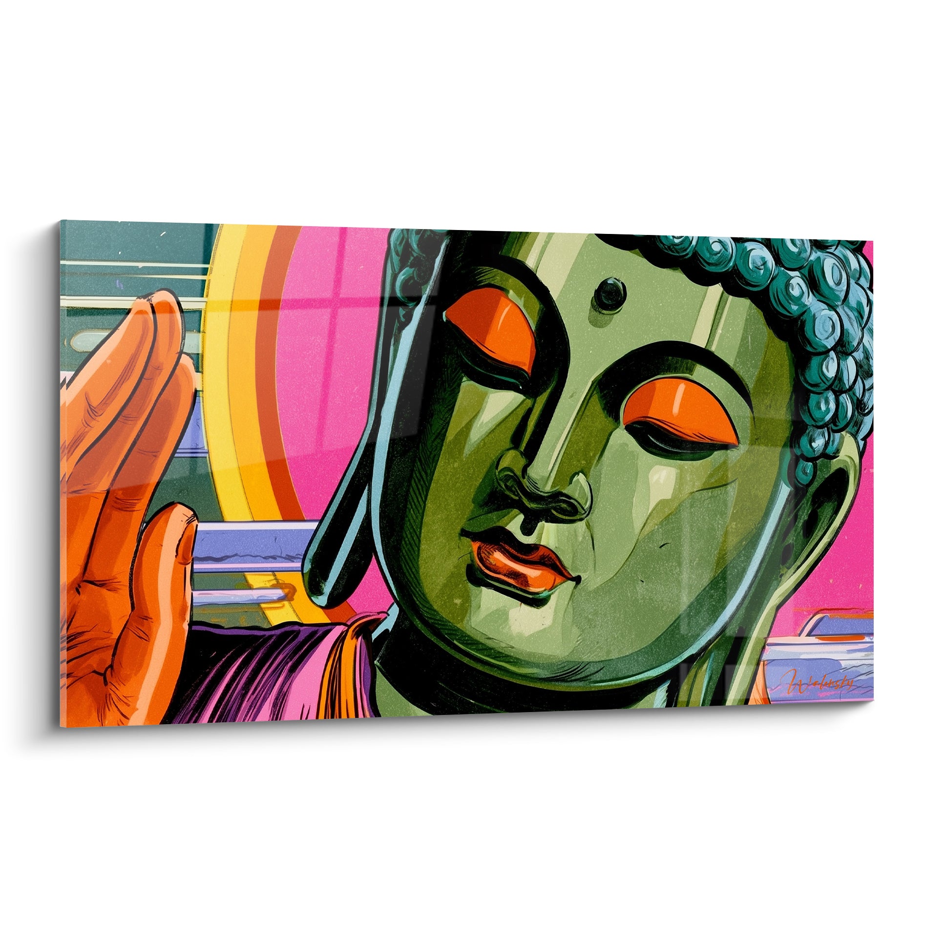 Bouddha au visage vert olive et paupières orange, main levée en signe de bénédiction sur fond rose