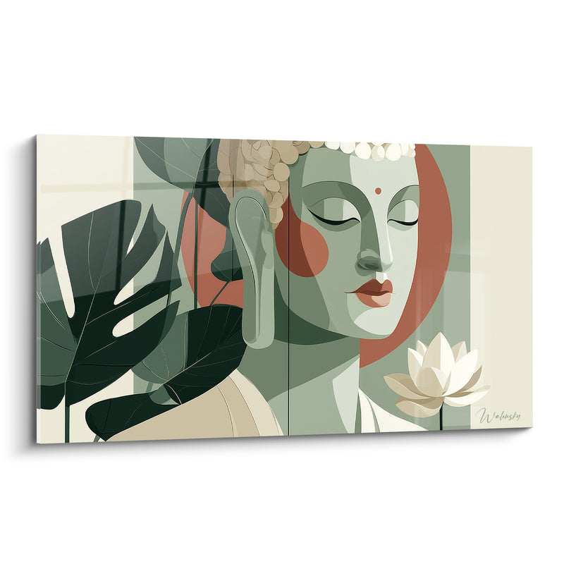 Tableau Visage vert sauge et terracotta aux feuilles monstera - Fleur de lotus blanche - Edition Bouddha