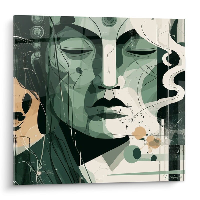 Tableau Visage vert sauge aux volutes fumées - Souffle méditatif - Edition Bouddha