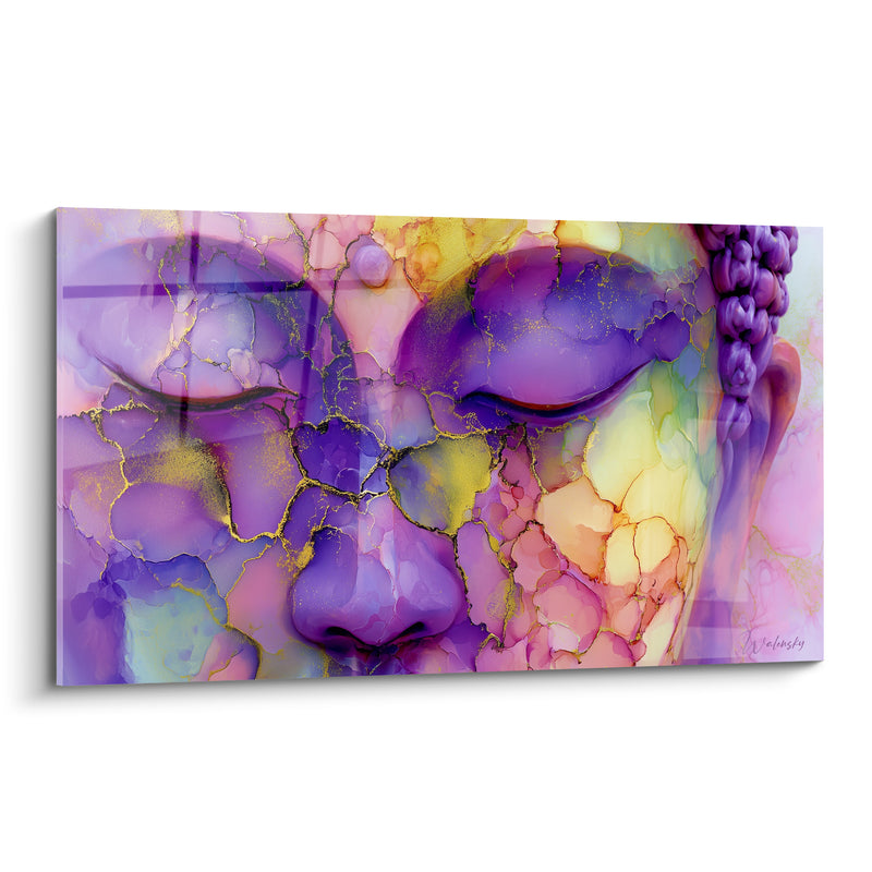 Tableau Visage violet et jaune aux craquelures dorées - Chignon bouclé latéral - Edition Bouddha
