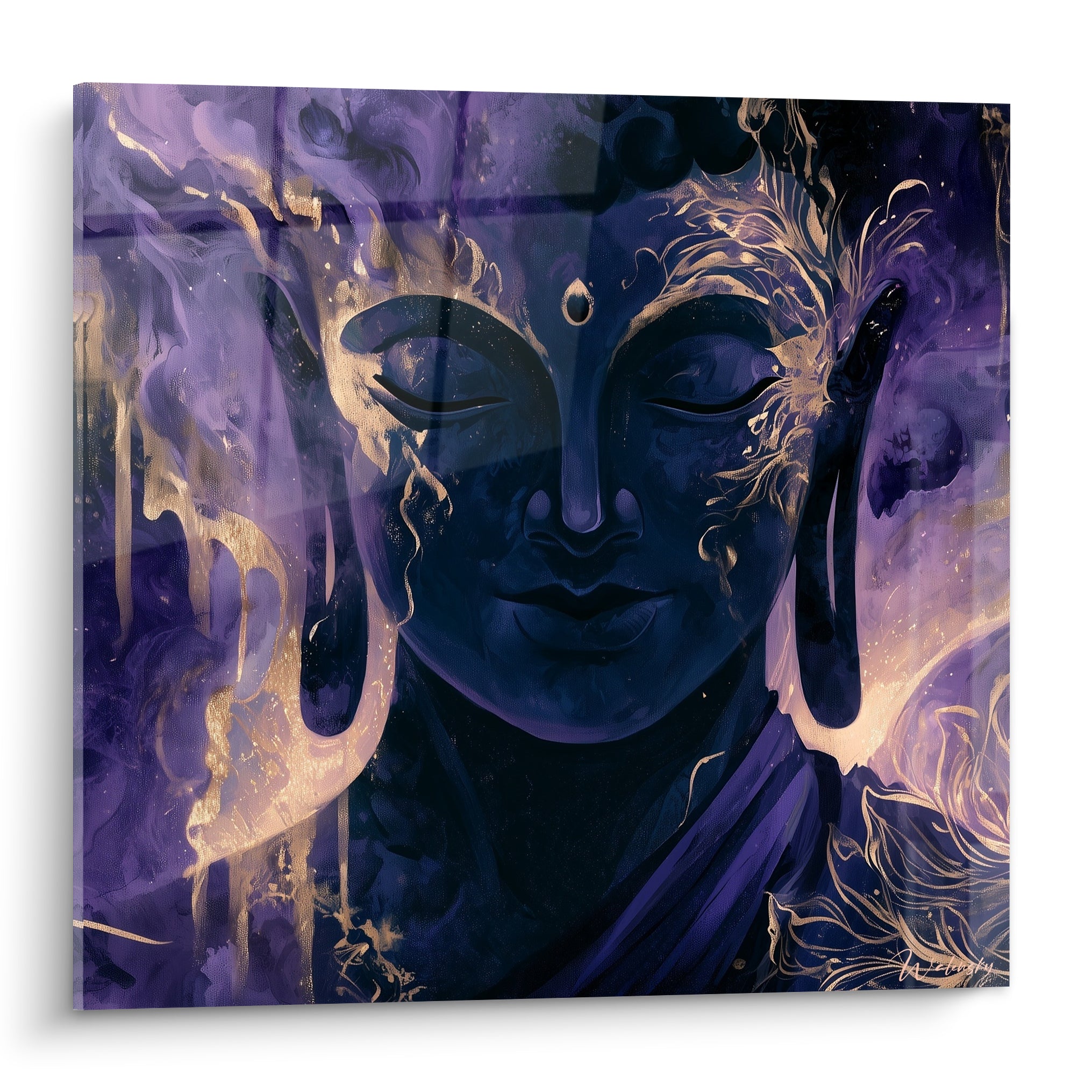 Bouddha au visage bleu nuit et violet, coulures dorées et point sacré doré entre les sourcils