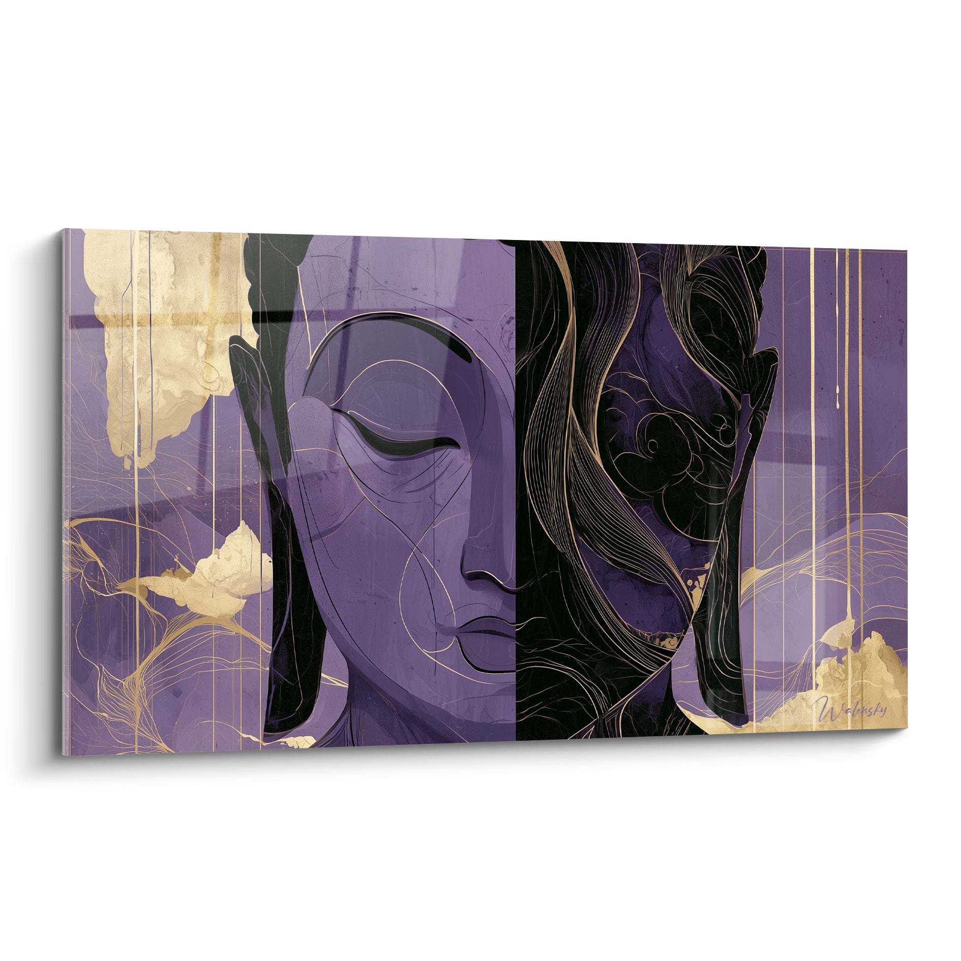 Bouddha au visage violet et doré, méditation silencieuse, contraste entre lumière et ombre anthracite