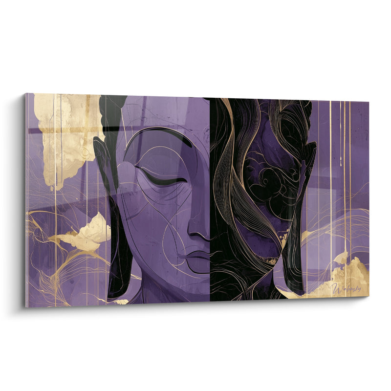 Tableau Visage violet et noir aux fines lignes dorées - Fleurs de lotus pâles - Edition Bouddha