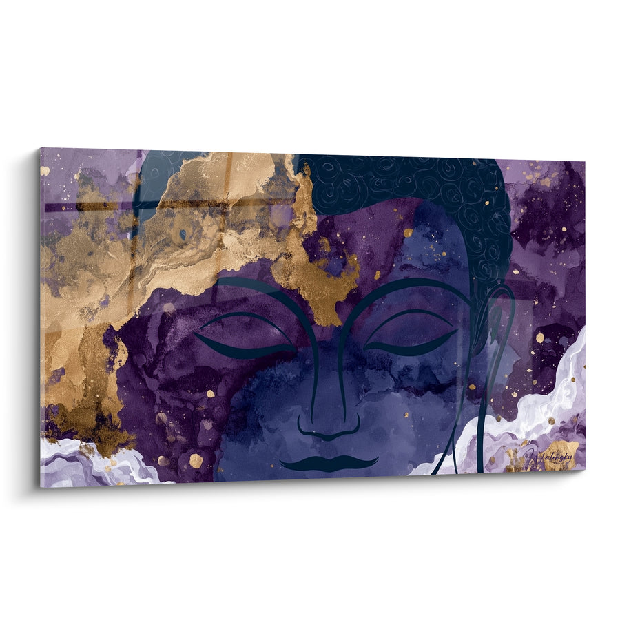 Tableau Visage violet et doré aux marbrures blanches - Cils allongés graphiques - Edition Bouddha