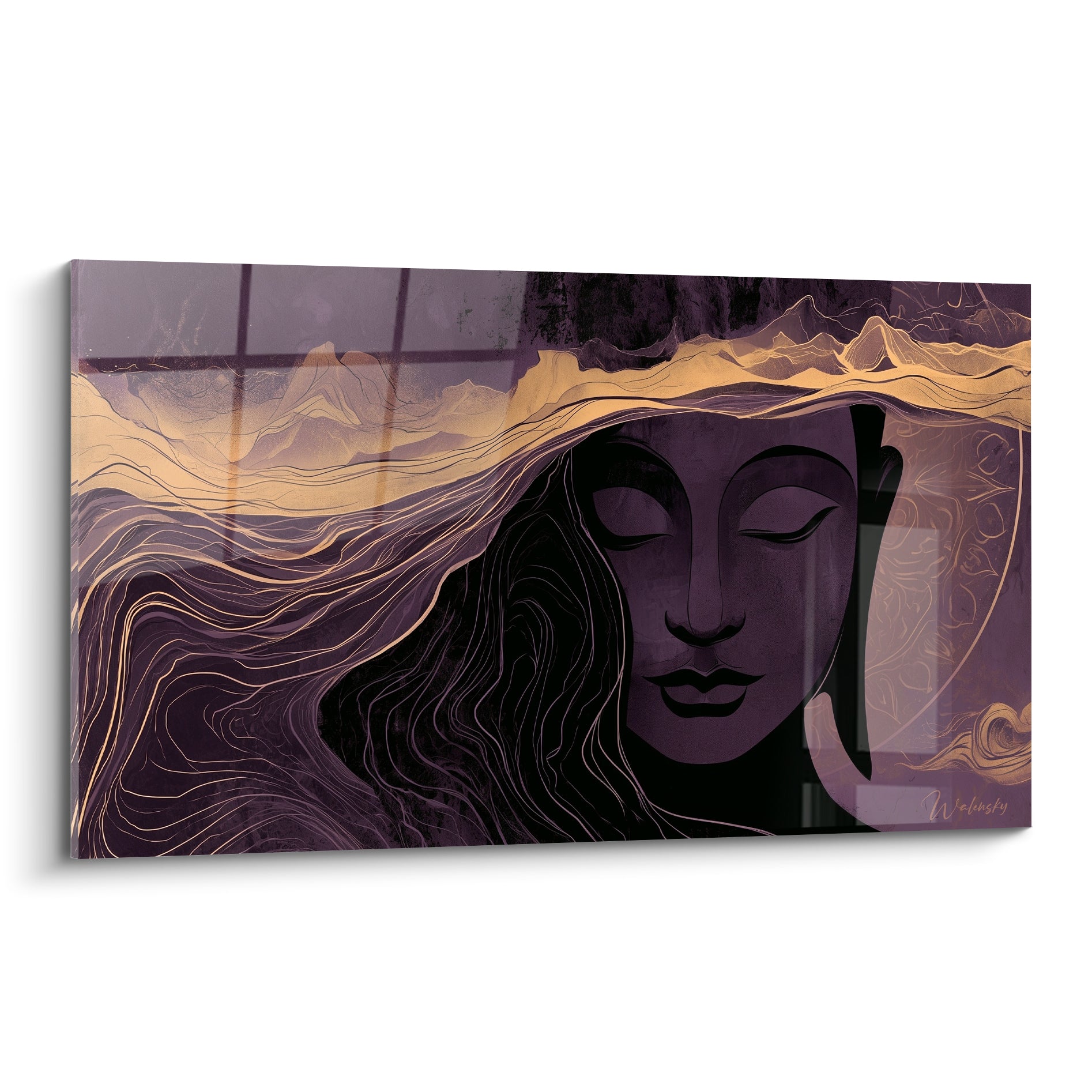 Bouddha aux yeux clos, visage violet profond et mèches dorées en volutes fluides