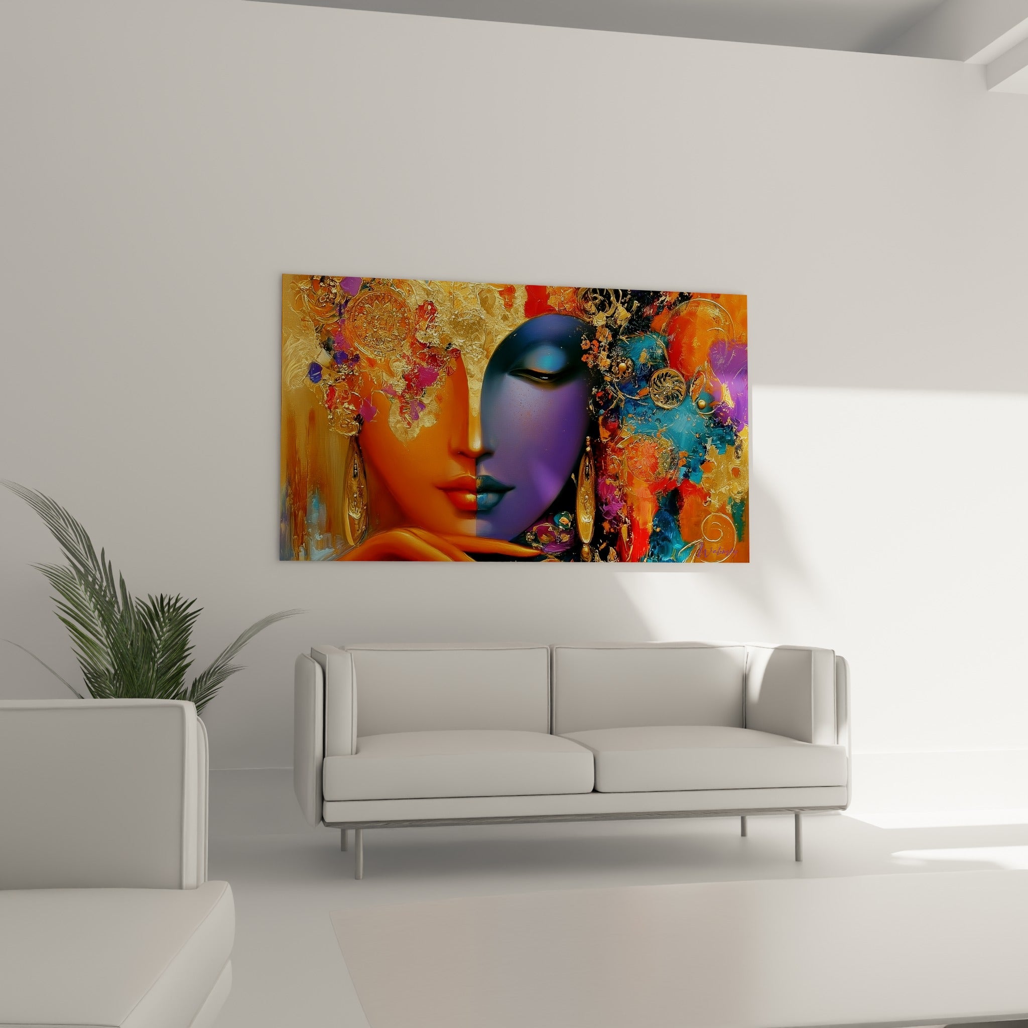 Bouddha aux teintes violette et fauve, boucles d'oreilles dorées, au-dessus d'un canapé dans un salon lumineux
