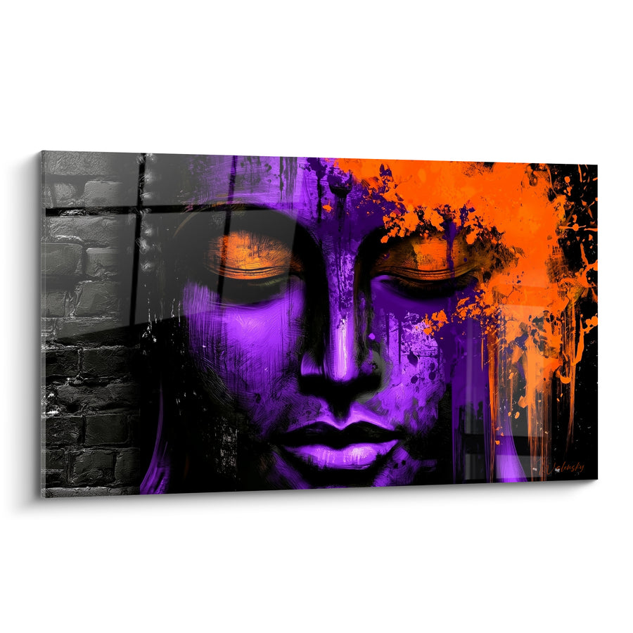 Tableau Visage violet et orange sur mur de briques - Éclaboussures d'encre urbaine - Edition Bouddha