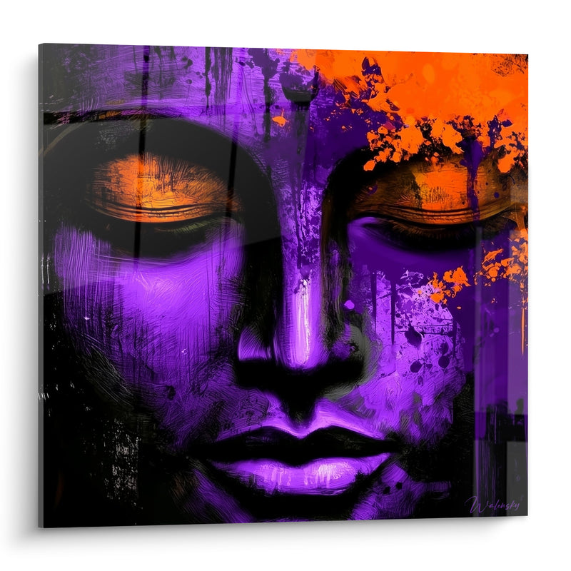 Tableau Visage violet et orange aux éclaboussures d'encre - Paupières dorées entrouvertes - Edition Bouddha