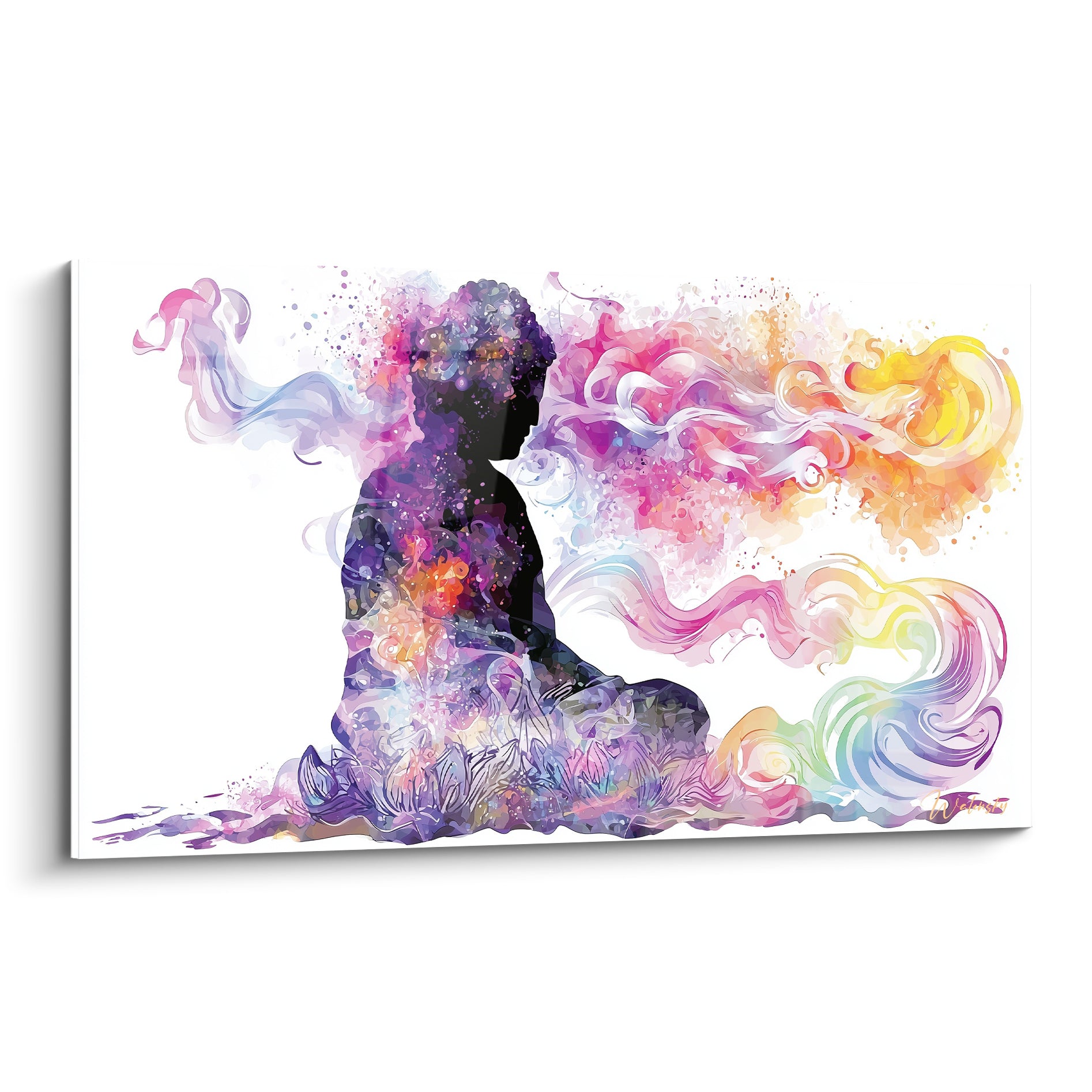 Silhouette de Bouddha violette et noire entourée de volutes roses et dorées sur fond blanc