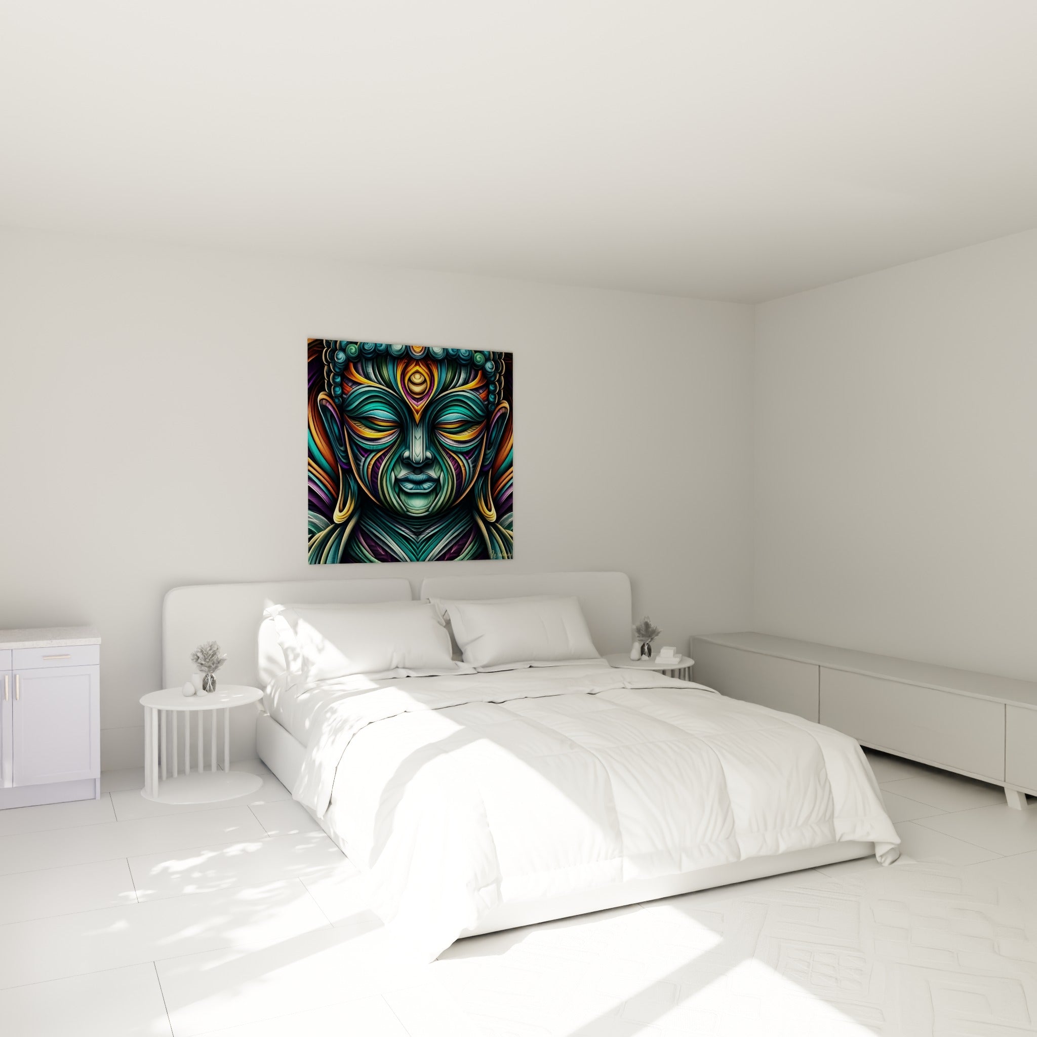 Visage de Bouddha turquoise et ocre, paupières closes, accroché au-dessus d'un lit dans une chambre claire