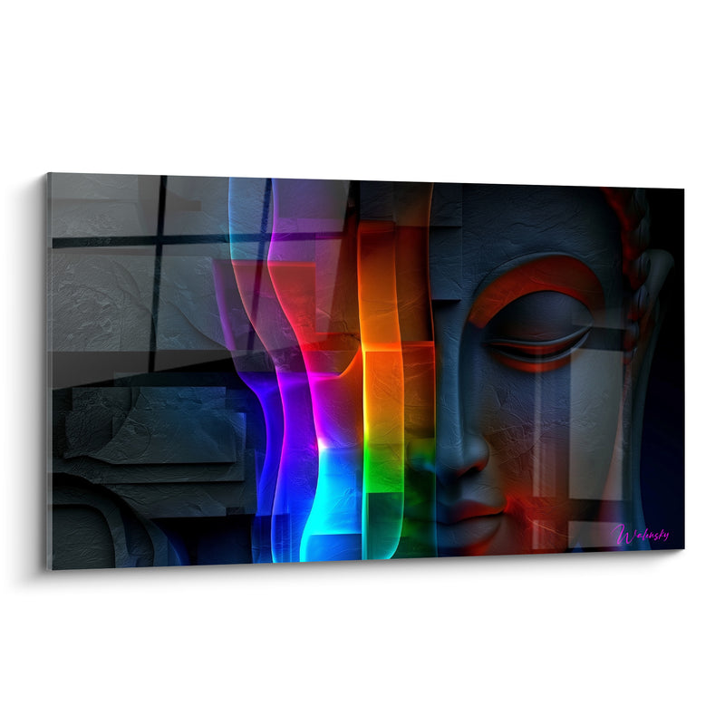 Tableau Visage anthracite et rouge aux rubans arc-en-ciel - Prisme lumineux vertical - Edition Bouddha