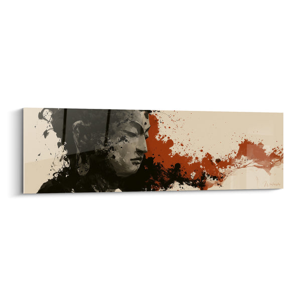 Painting Gray and Red Face with Ink Splashes - Ivory Background Stretched - Buddha Edition
