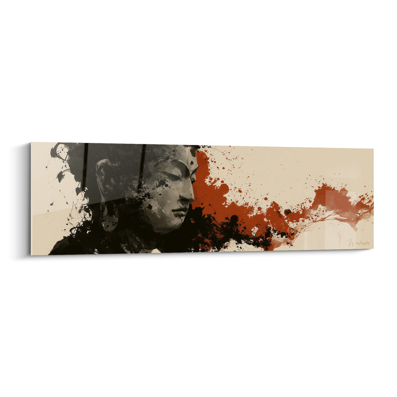 Tableau Visage gris et rouge aux éclaboussures d'encre - Fond ivoire allongé - Edition Bouddha