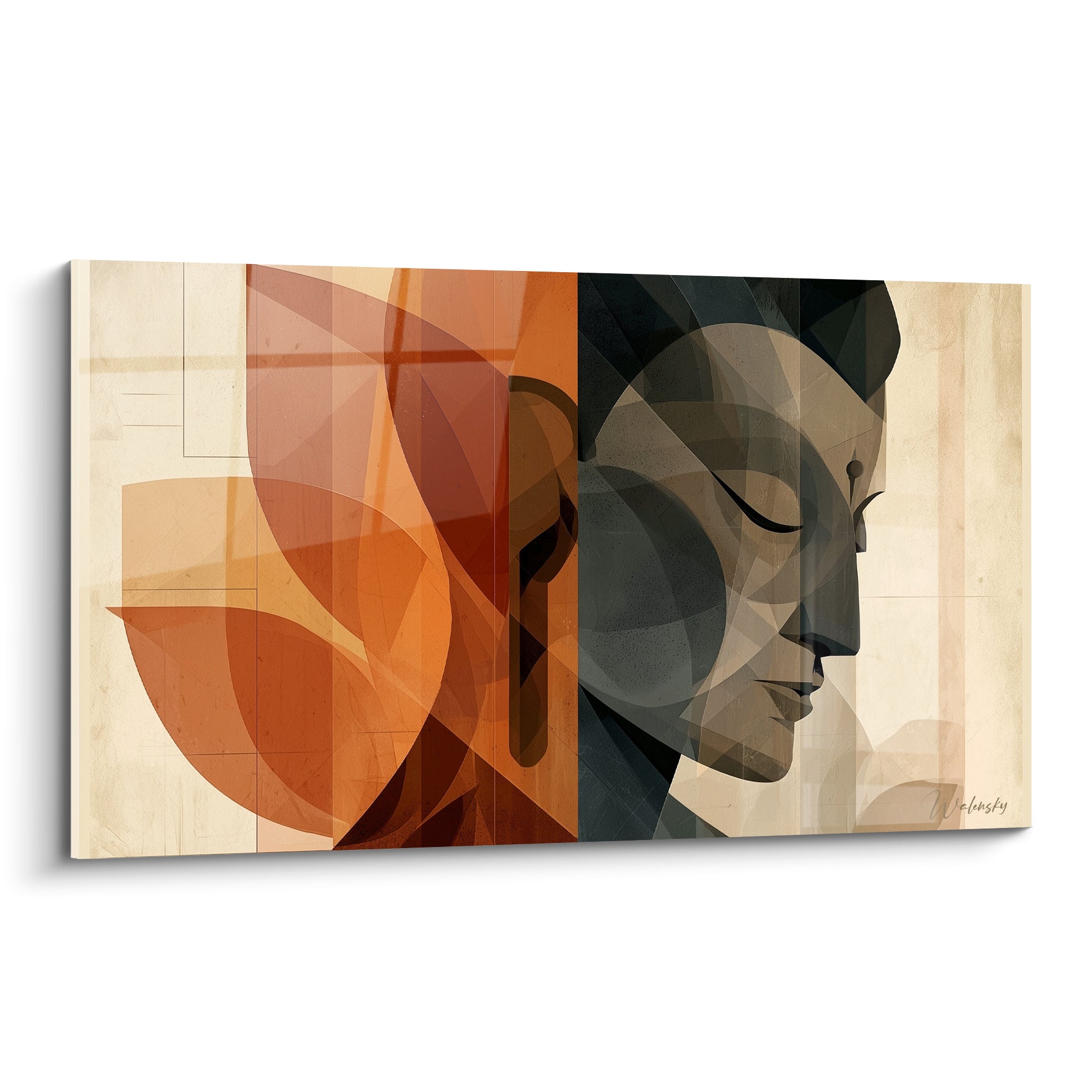 Bouddha profil anthracite et feuille terracotta géométrique, méditation aux yeux clos