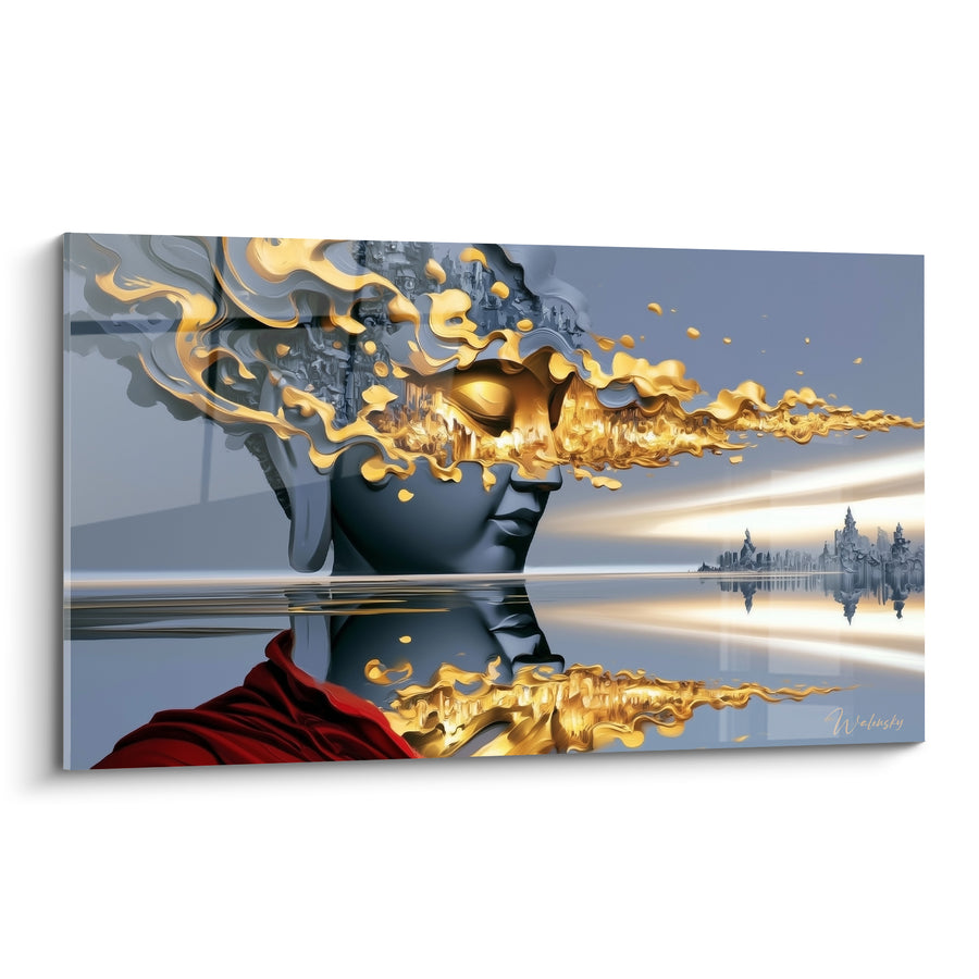 Tableau Visage gris et doré au reflet aquatique - Silhouette urbaine miroitante - Edition Bouddha