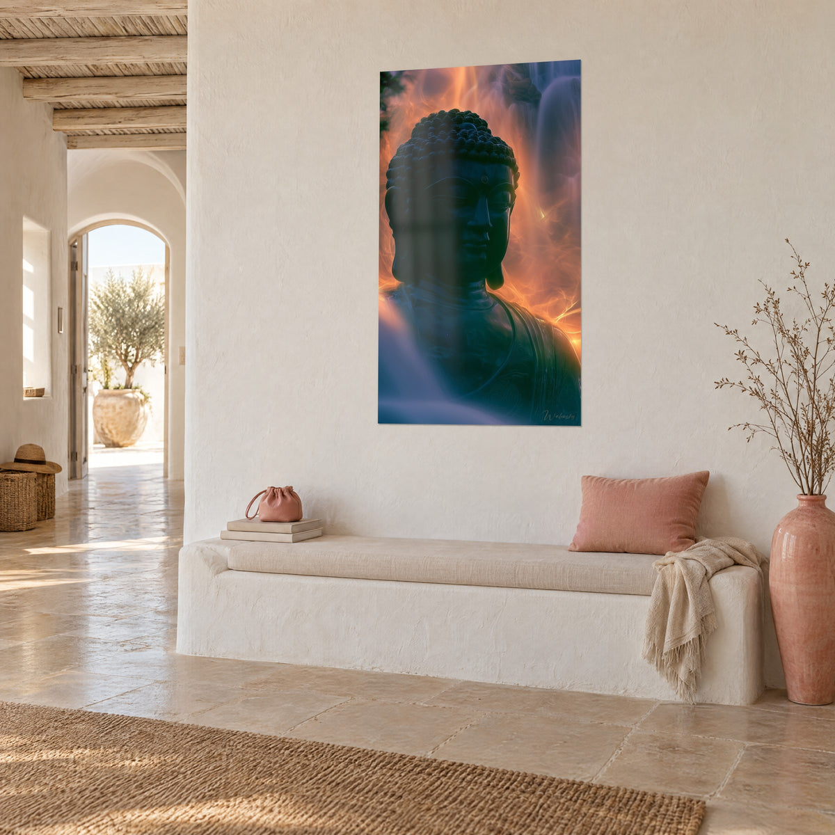 Quadro Statua serena dai riccioli stretti e occhi chiusi, alone ambra e cascata azzurrata, sulla parete intonacata bianca di un soggiorno, vista a tre quarti