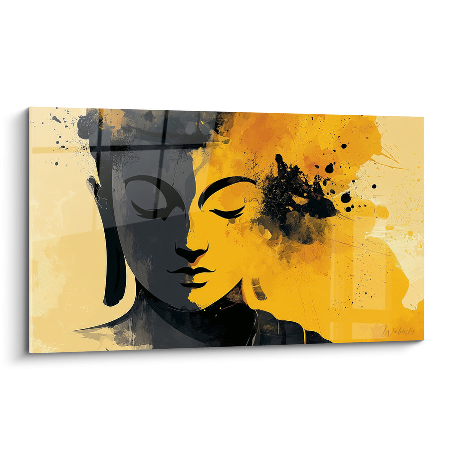 Tableau Visage bicolore jaune et anthracite aux éclaboussures d'encre - Symétrie faciale contrastée - Edition Bouddha