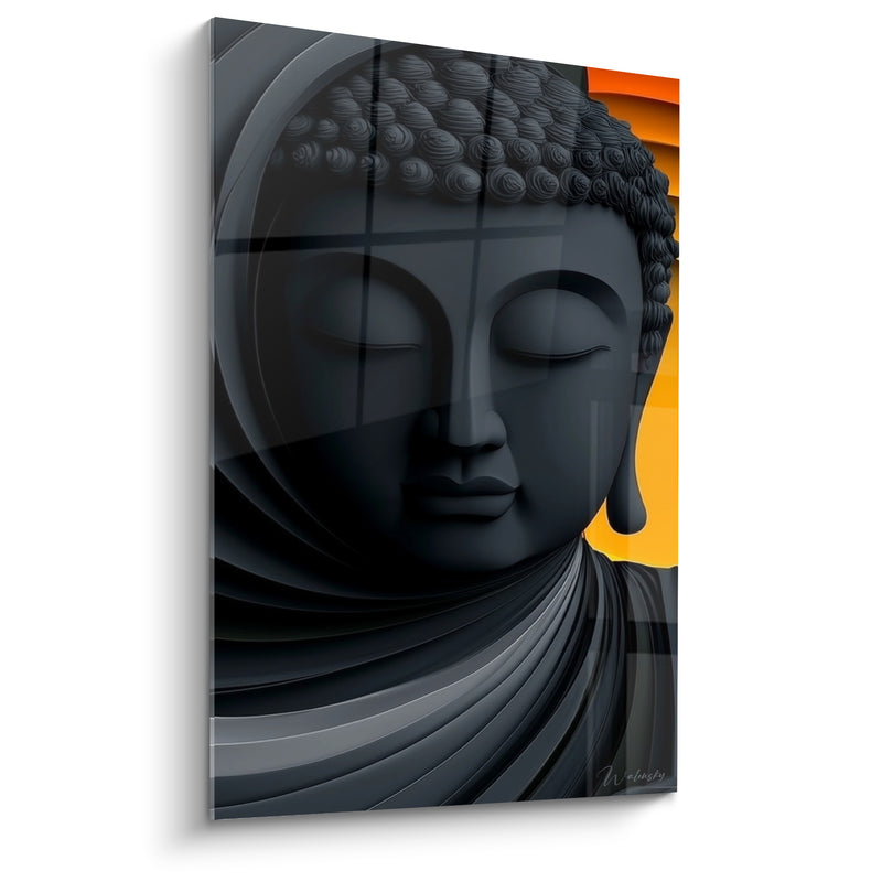 Tableau Visage anthracite et orange aux drapés striés - Fond en aplats géométriques - Edition Bouddha