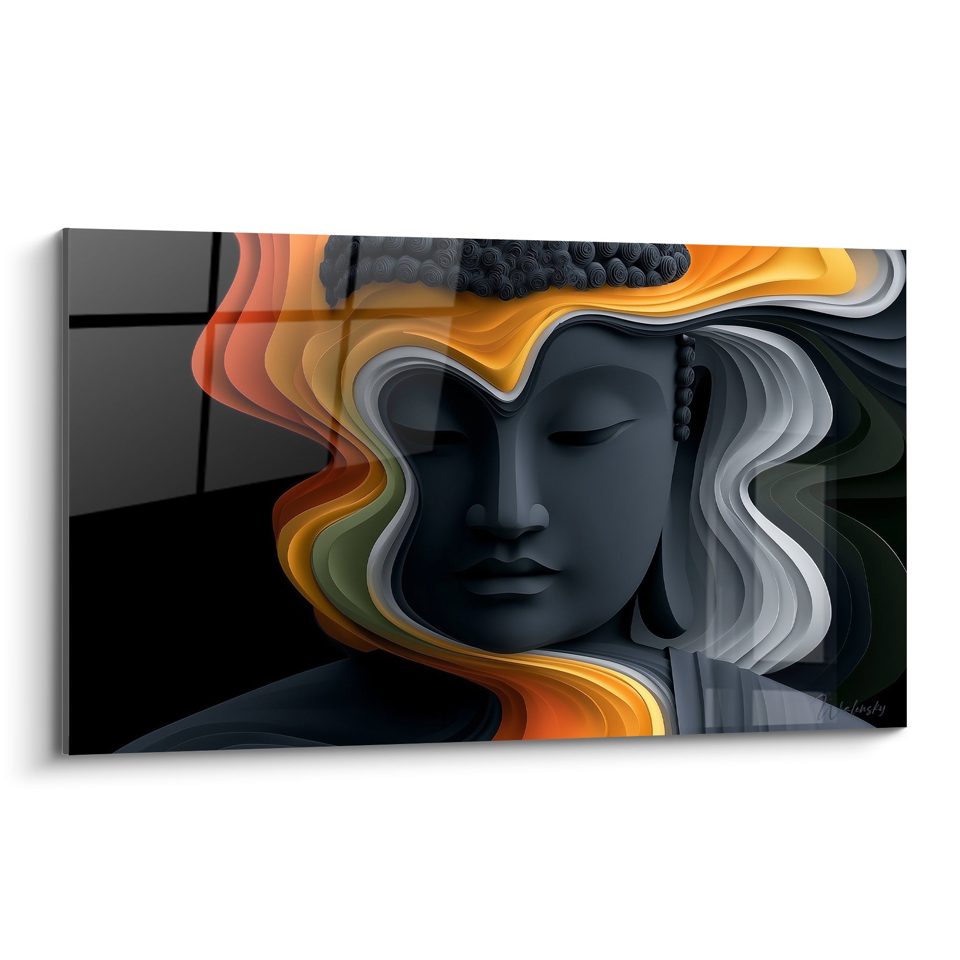 Bouddha anthracite aux yeux clos, entouré de vagues ocre, orange et grises fluides