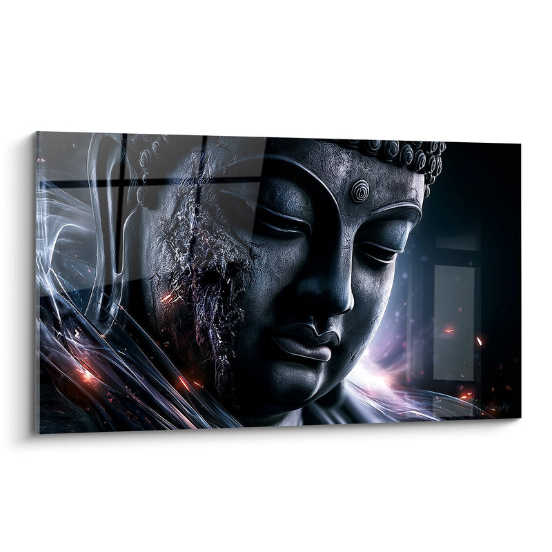 Tableau Visage noir et argenté aux fissures lumineuses - Étincelles rouges éparses - Edition Bouddha