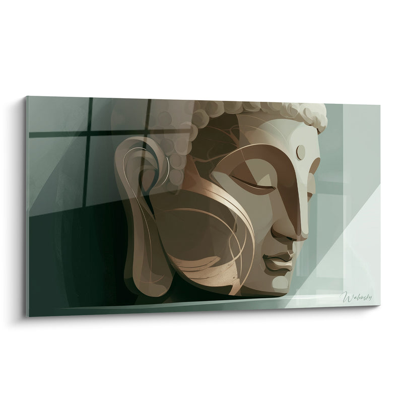 Tableau Visage sculpté beige et vert aux oreilles allongées - Lobes stylisés incurvés - Edition Bouddha