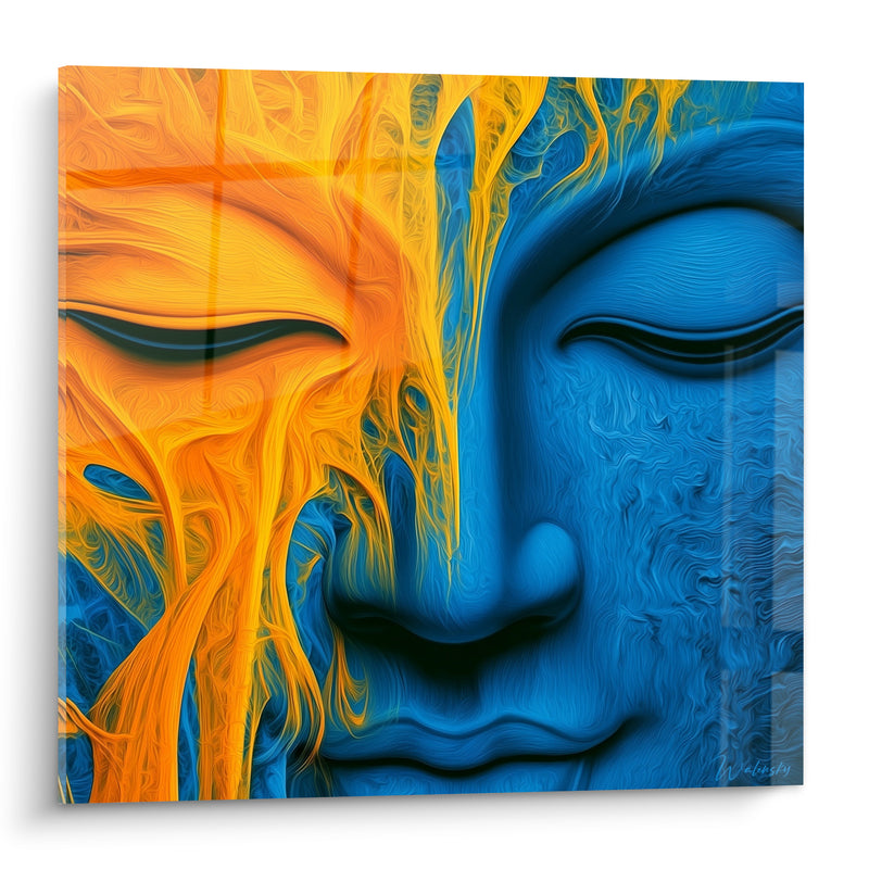 Tableau Visage bleu et orange aux mèches ruisselantes - Fusion des paupières closes - Edition Bouddha