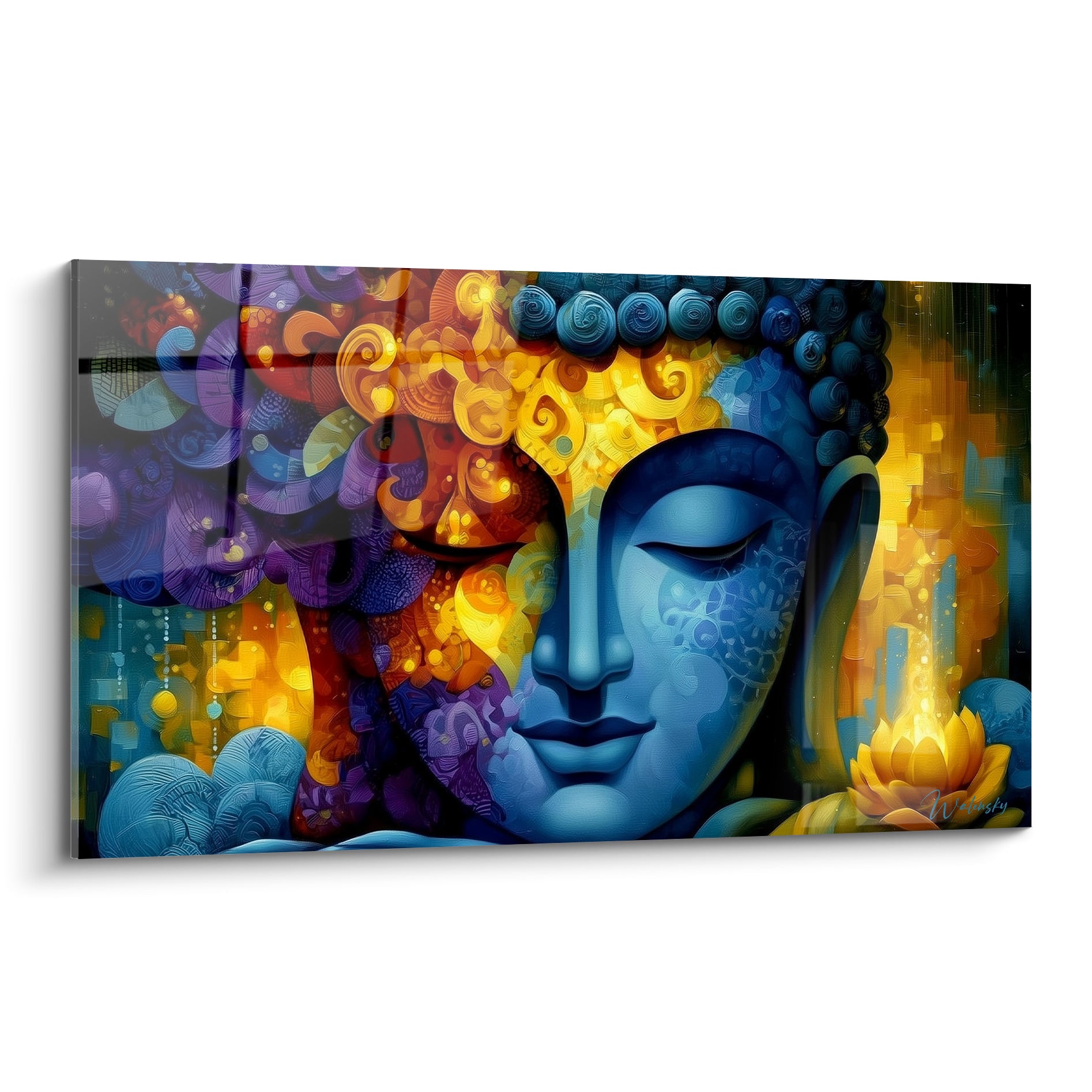 Visage de Bouddha bleu aux paupières closes, entouré de motifs dorés et violets ornementaux