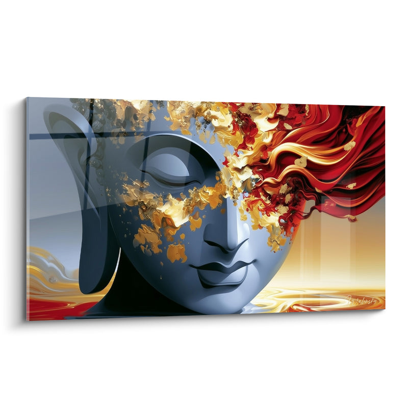 Tableau Visage bleu et rouge aux flammes dorées - Reflets liquides au sol - Edition Bouddha